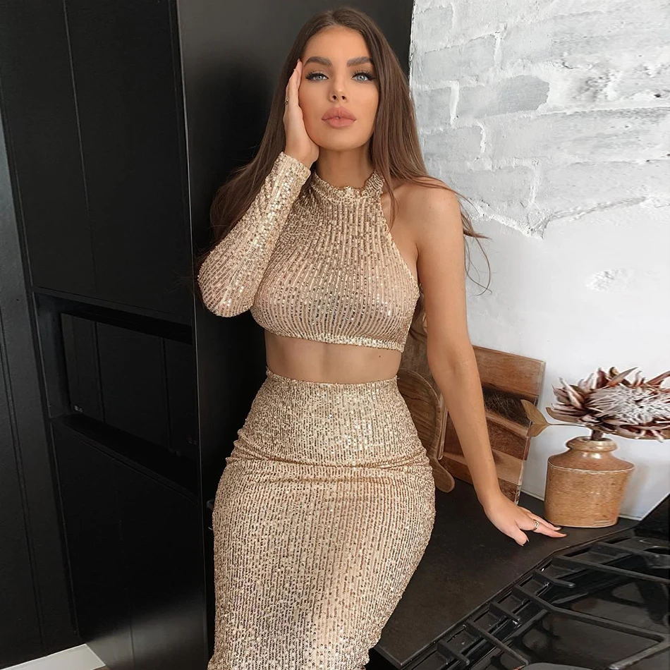 

2019 Women's Summer Sequins Sexy One-Shoulder Top & Skirt Bodycon Two-piece Set Short Club Celebrity Party Dress Set
