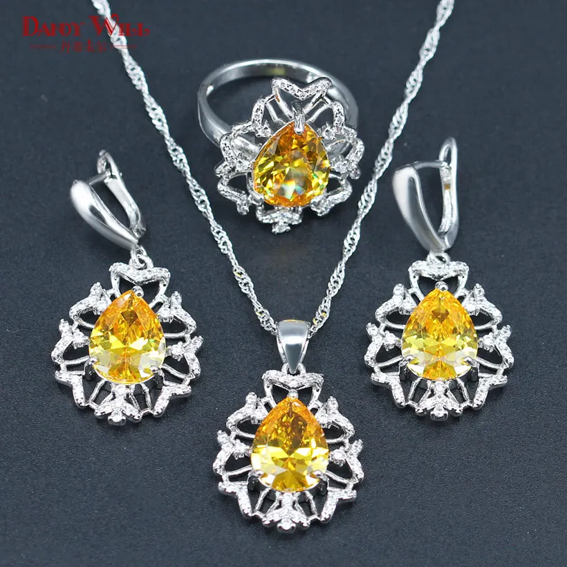 Silver 925 Wedding Jewelry Sets For Women Necklace Earrings Rings Pendants Yellow Cubic Zirconia jewelry Gift | Украшения и