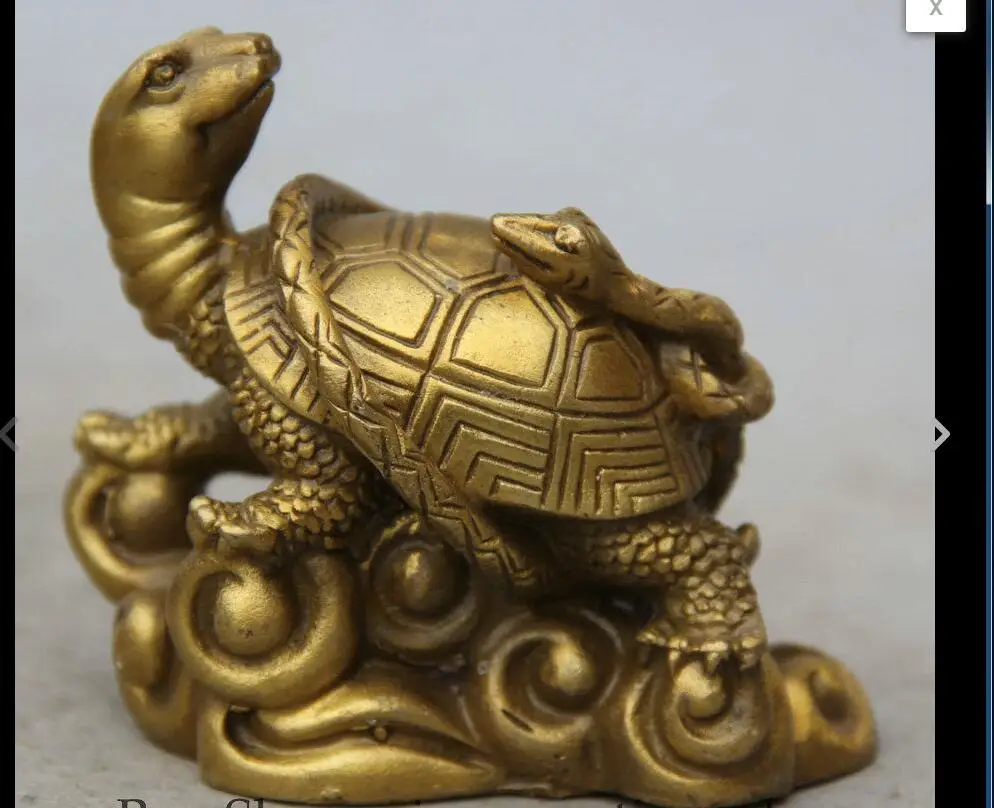 

6710507++4" Chinese Brass Turtle Tortoise God Beast Snake Zodiac Year Statue Sculpture