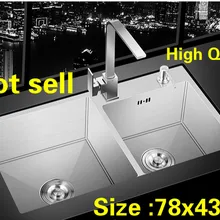 Квартира высокого качества 304 Нержавеющая сталь кухня ручная раковина двойной паз сделать блюда Горячая 78x43 см