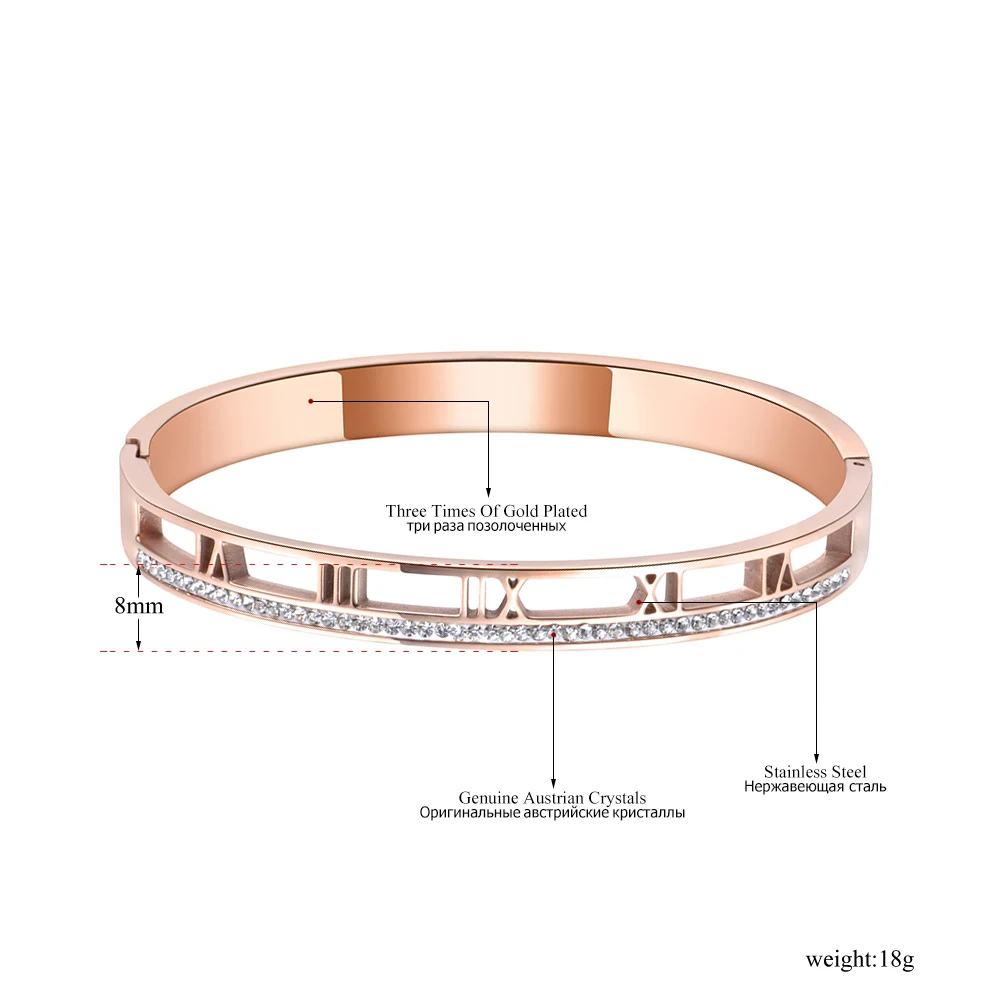 JeeMango римские цифры Браслет-манжета из нержавеющей стали ювелирные изделия для женщин горный хрусталь любовник браслеты подарок на день Святого Валентина B19004