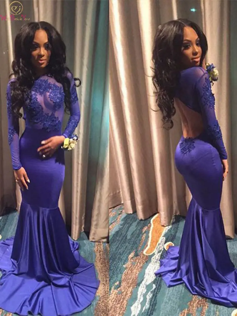 

Royal Blue Long Sleeve Evening Dresses 2019 Mermaid Halter Neck Satin robe de soiree Elegant Floor Length Prom Formal Party Gown