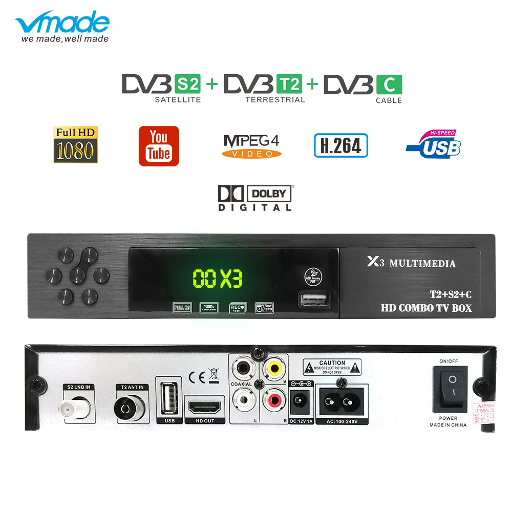 

Vmade Fully HD Digital DVB T2 S2 DVB-C Combo Set Top Box Support Dolby AC3 CCCAM H.264 1080p DVB T2 S2 DVB-C Combo TV Receiver