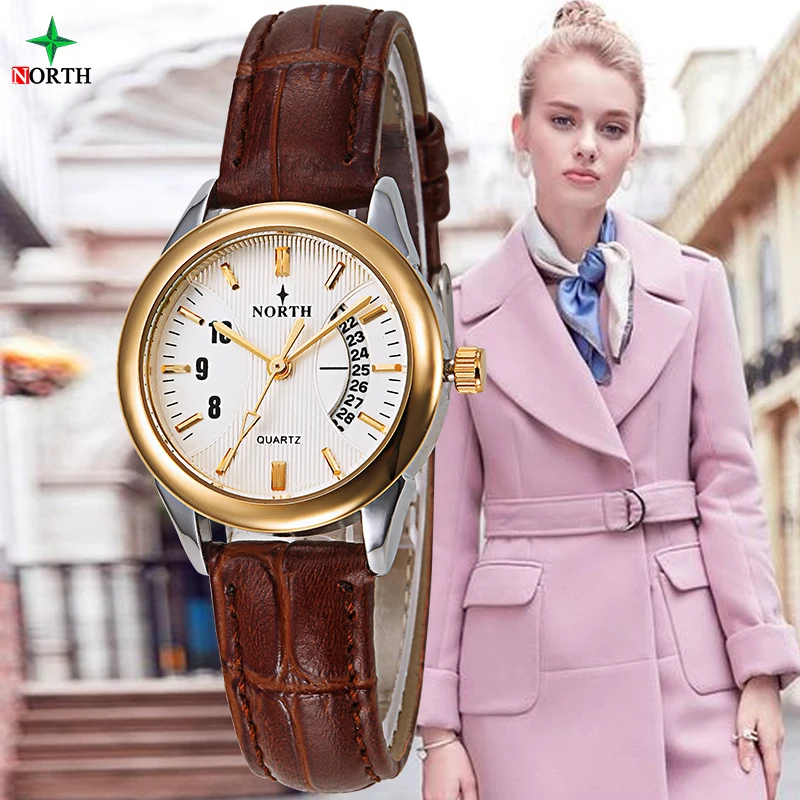 

NORTH Women Watch Glod Fashion Watch Ladies Female Clock Calendar Display Leather Waterproof Wristwatch Fashion Watch Women 2017