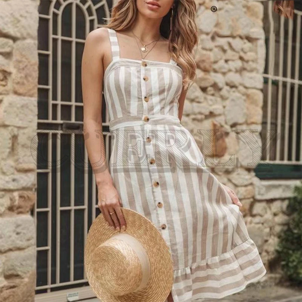 

CUERLY Elegant khaki striped women dress Buttons linen summer beach sundress Sexy backless bow female midi dress vestidos 2019