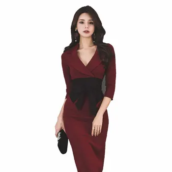

Women Dress Sexy V-neck Patchwork Bow High Waist Knee-length Party Dresses Vestidos Autumn Office Ladies Bodycon Dress Clothes