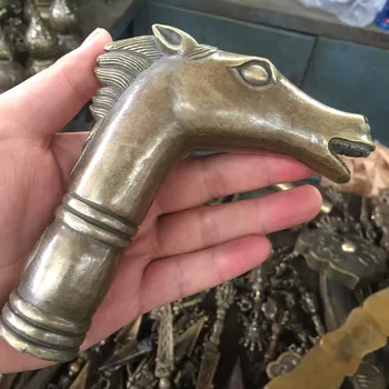 

China Old Handwork Carving Bronze horse Statue Cane Head Walking Stick Free shipping