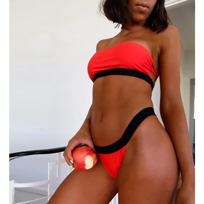 red strapless bikini