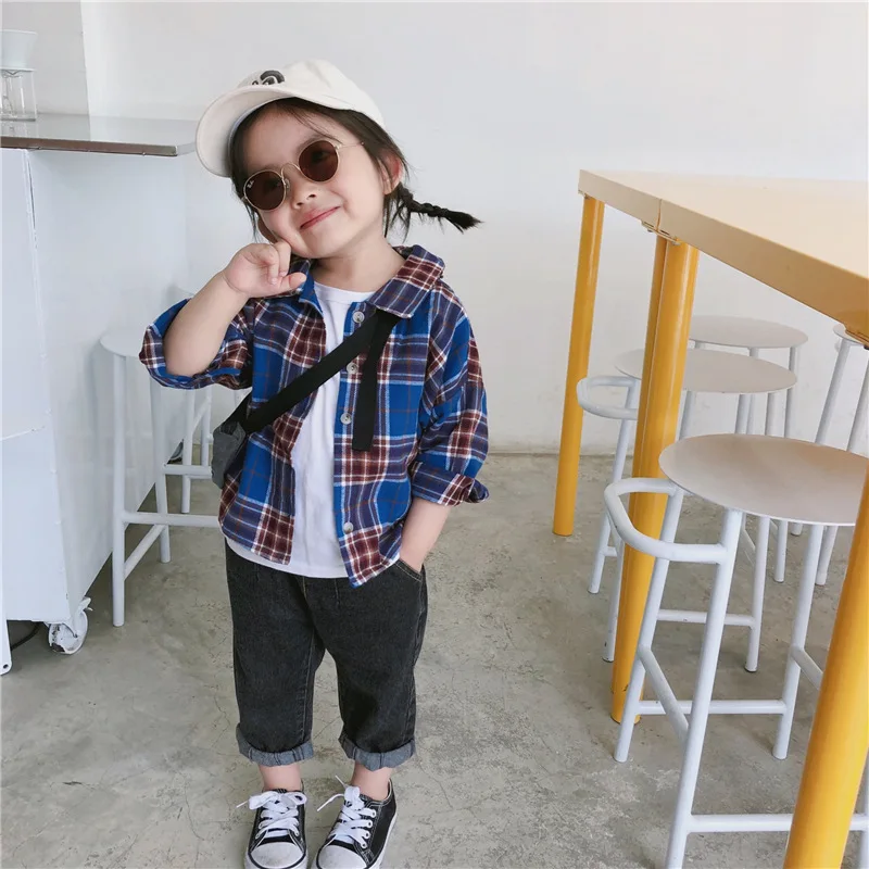 Celveroso new spring Cute Baby Kids Boys Girls Long Sleeve Shirt Plaids Checks Tops Blouse New Fashion Clothes Casual - Цвет: Синий