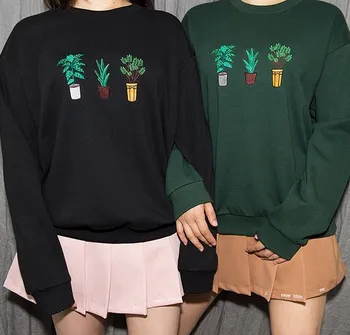 

Simple Preppy Style Hoodies Potted Plant Printing Loose Long-sleeved Sweatshirt