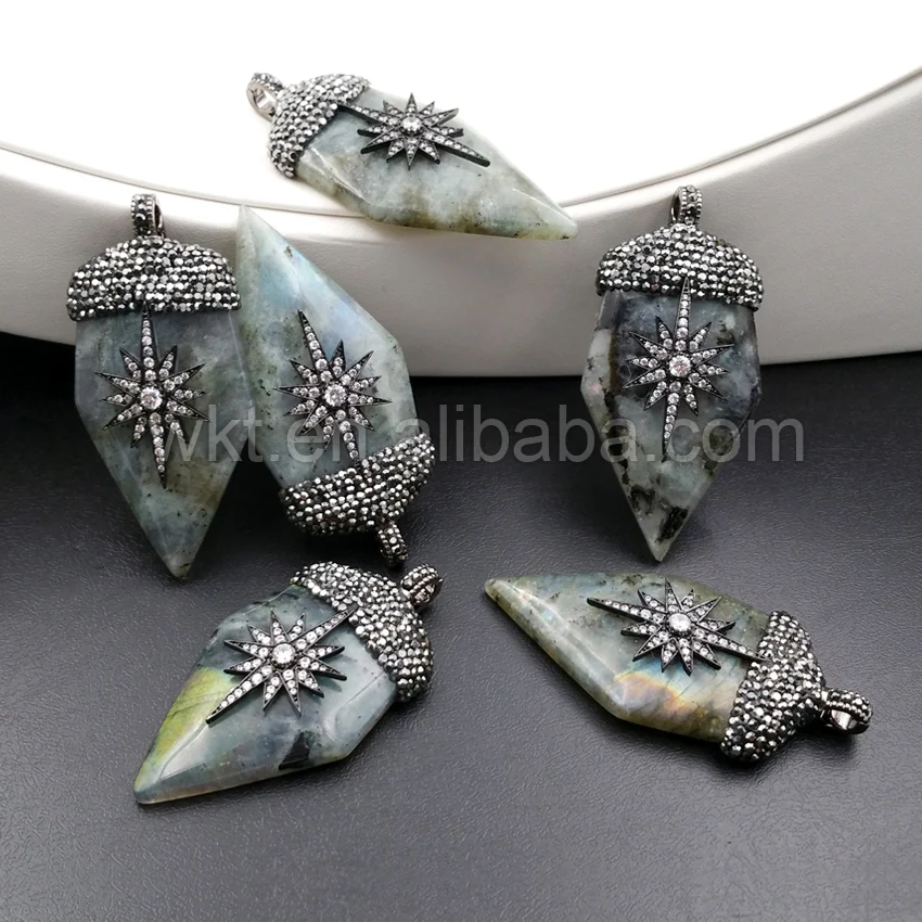 

WT-NP225 Wholesale 5pcs/lot Labradorite Arrowhead Pendant natural labradorite with rhinestone paved charm design stone pendants