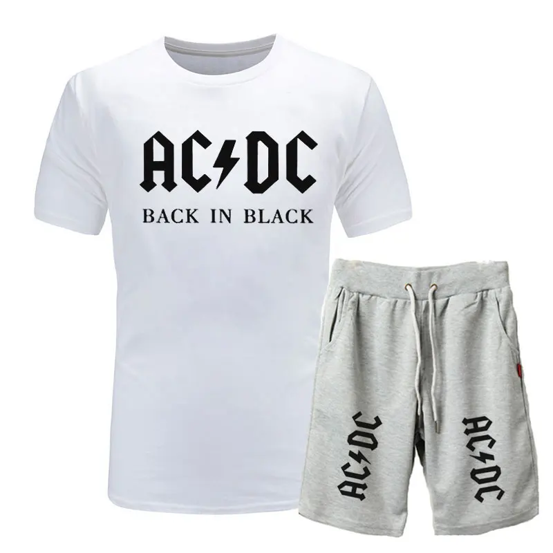 Новая брендовая одежда, AC/DC, Мужская футболка, Swag, футболка, хлопок, Мужская футболка и шорты, Homme, для фитнеса, Camisetas, хип-хоп, футболка, 2 предмета - Цвет: white light gray