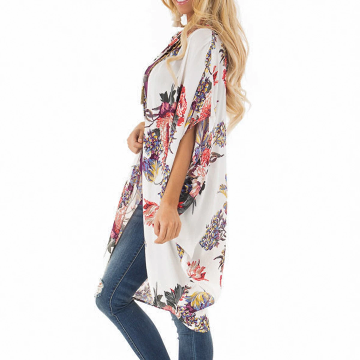 Женское кимоно Boho с коротким рукавом, открытый передний кардиган, повседневное шифоновое покрывало с цветочным принтом, шаль, пальто, топы, пляжная одежда