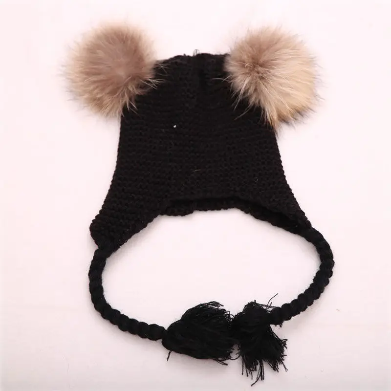 Детский зимний помпон, вязаная шапка, шапка, широкий берет-Боб - Цвет: Черный