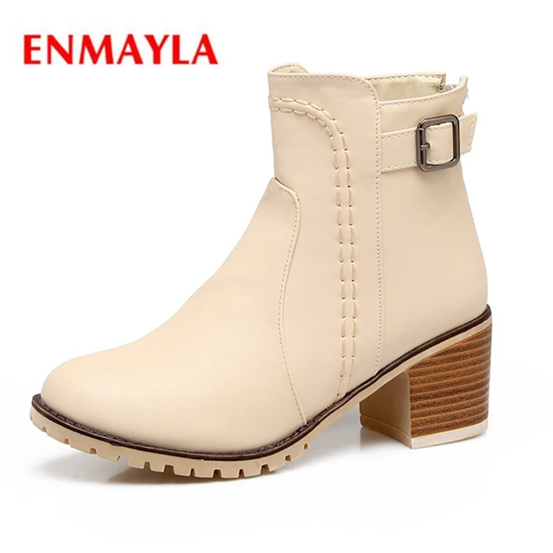 

ENMAYLA 2018 New fashion women solid round toe ankle boots lady square heel buckle boots Big size 34-43 ZYL565