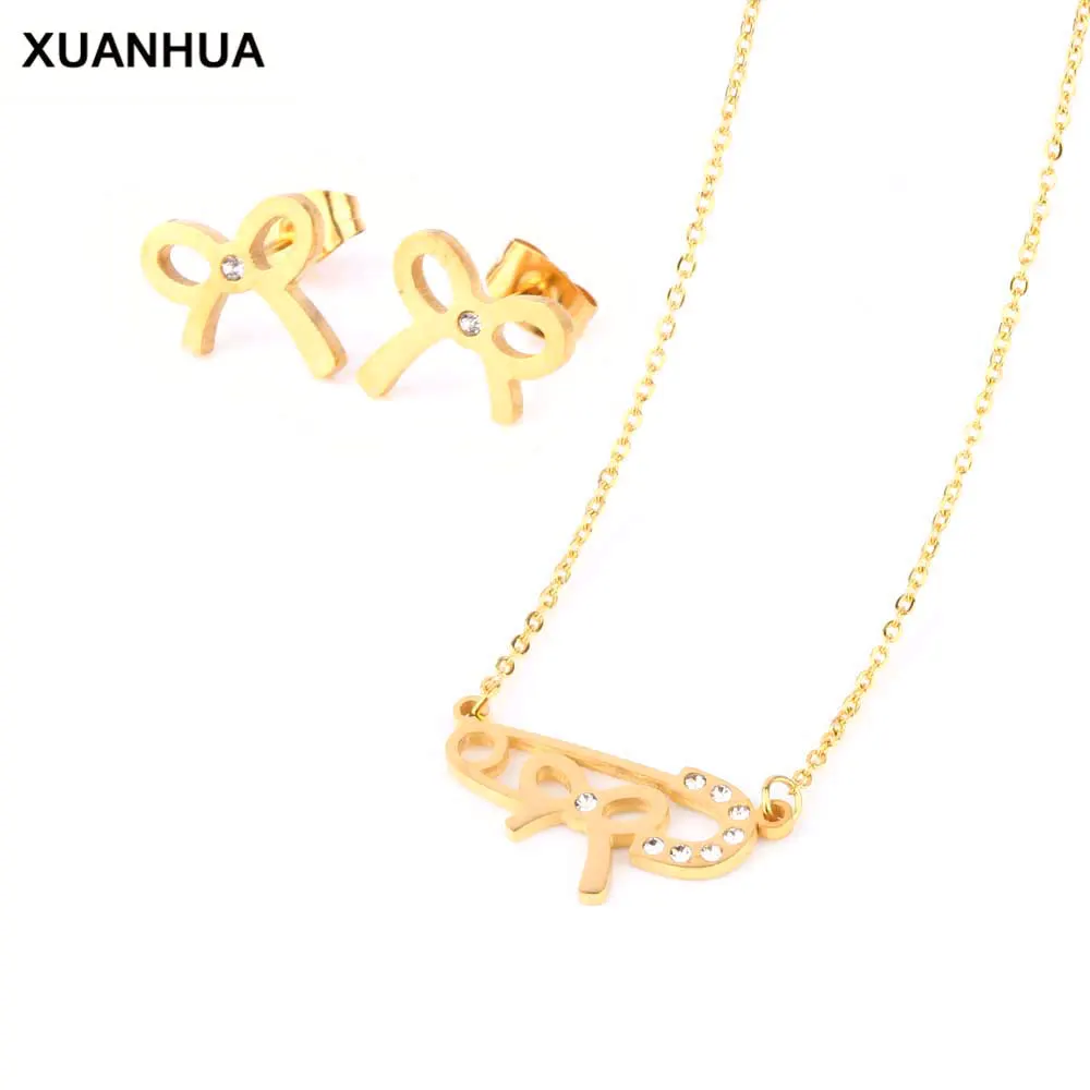 

XUANHUA Wholesale Stainless Steel Jewelry Sets Bowknot Necklace And Earrings Fashion Wedding Jewelery Sets For Women Accessories