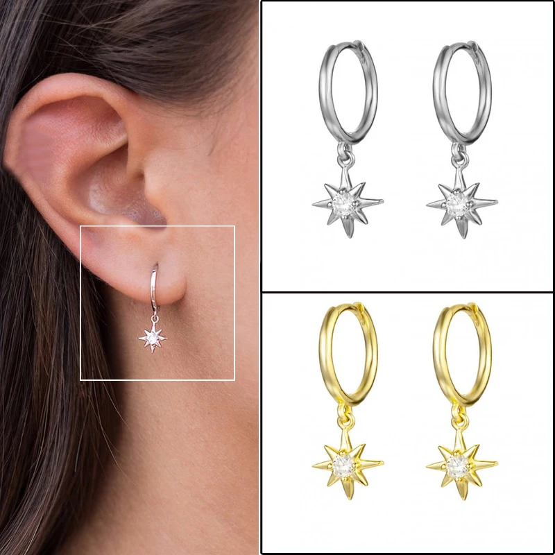 

925 sterling Silver hoop earring starburst huggie hoop gold silver fashion earring 1pair