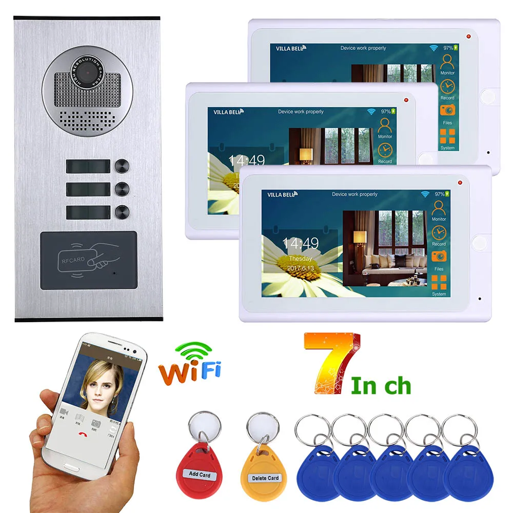 Wired Video Intercom Systems 3 apartments 7 inch Wifi Video Door Phone System RFID IR-CUT HD 1000TVL Doorbell Camera