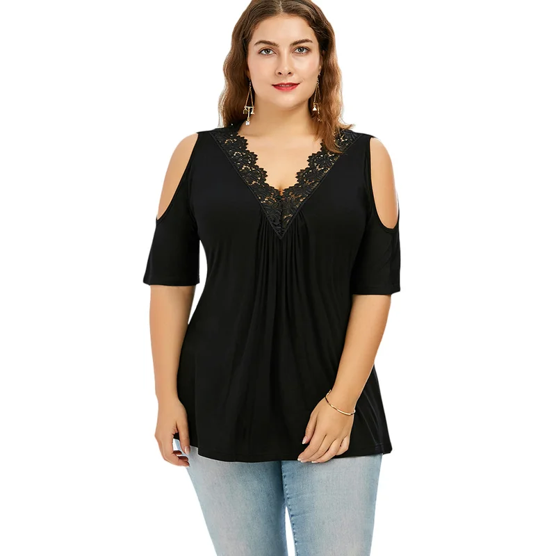 

2019 Solid Color Plus Size Lace V-neck Short Sleeved 5XL Shirt for Women Fashion Casual Off Shoulder Top Blouses for Female
