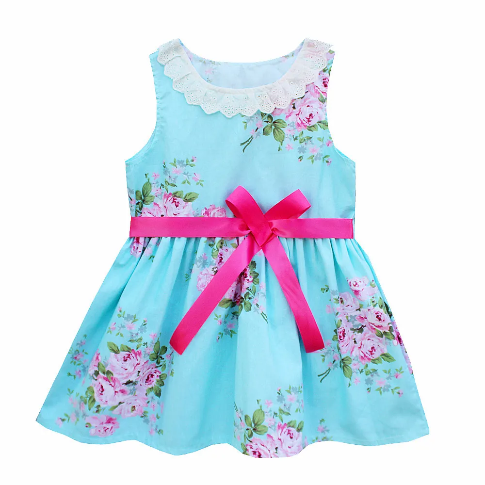 

European and American Girls'Dresses Summer Beach Dress Cotton Sleeveless Flower Printed Butterfly Knot Sweet Girls' Dress Tops