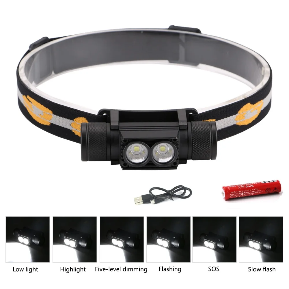 Head Flashlight Cob Headlamp Bike Headlight Sanyi XM-L2 LED USB Charging 6 Modes Dimming 18650 Camping Fishing