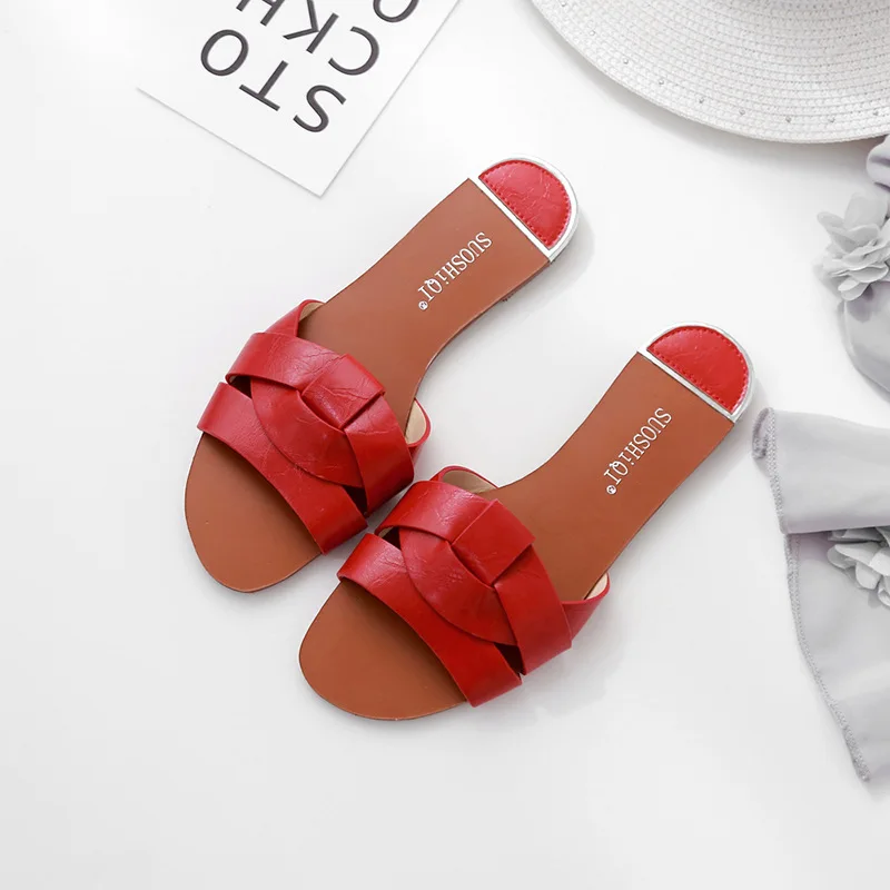 Женские домашние тапочки; летние пляжные шлепанцы на плоской подошве; повседневные женские туфли на плоской подошве; роскошная дизайнерская обувь из натуральной кожи на плоской подошве - Цвет: Red