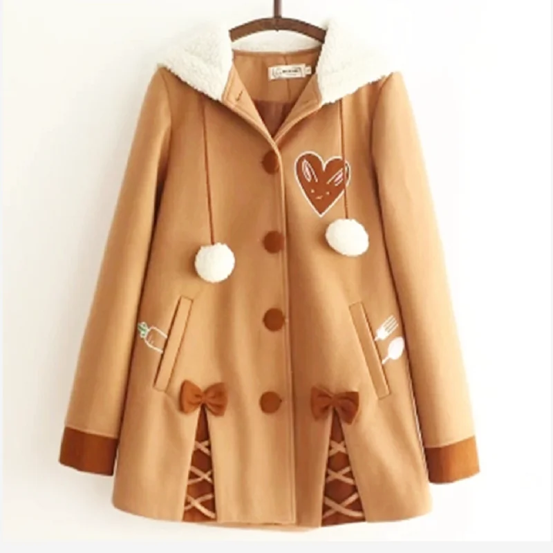 

2019 Autumn and Winter New Japanese Style Warmer Coats Hair Ball Embroidery Thicken Jacket Bow Hooded Long Sleeve Coat for Women