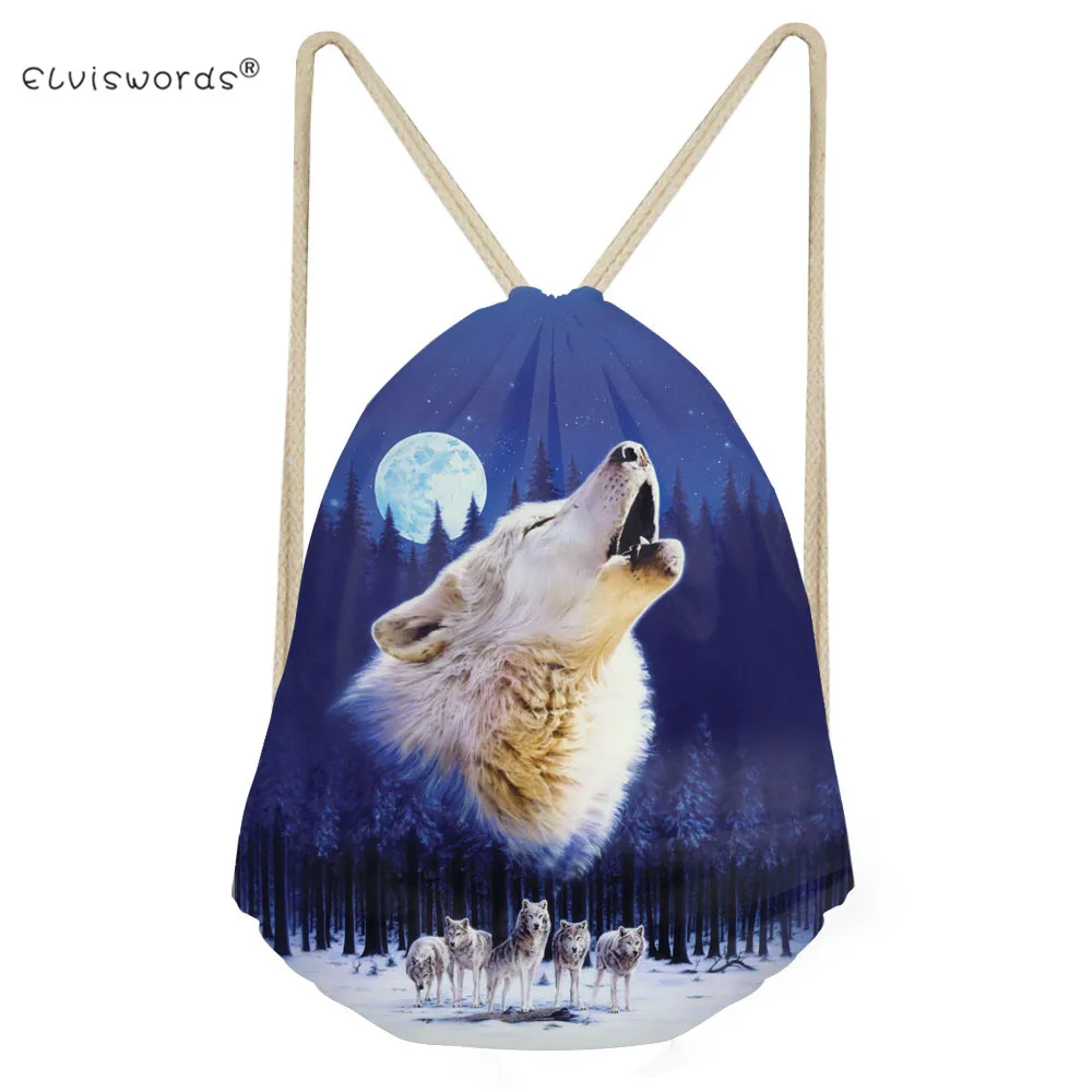 ELVISWORDS Small Drawstring Bag for Men Women Wolf Dog Printing Backpack Boys Daypack Kids Travel Satchel
