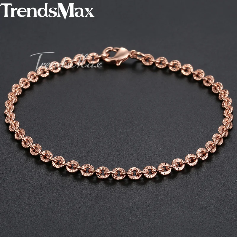 Trendsmax 3 мм браслет для женщин и девушек 585 розовое золото Rolo Link женский браслет модные ювелирные изделия подарки 18 см 20 см 23 см GB395