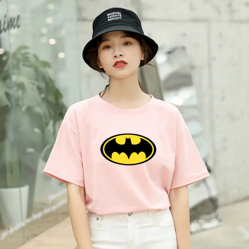 Летние новые женские повседневные футболки с коротким рукавом из хлопка Harajuku Kawaii Batman с принтом из мультфильма Топы уличная футболки tumblr рубашка Femme - Цвет: Розовый