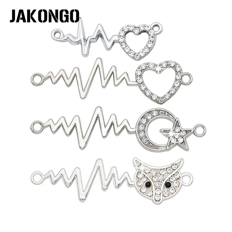 

JAKONGO Silver Plated Crystal Electrocardiogram Heart Fox Charm for Jewelry Making Pendant Necklace Accessories DIY 4pcs/lot