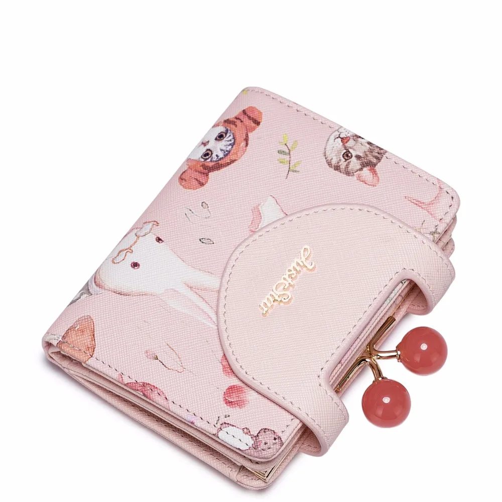 

2017 New Animal Printing Cherry Beads Frame PU Women Leather Girls Ladies Small Short Wallets Cards Holder Purse Clutches