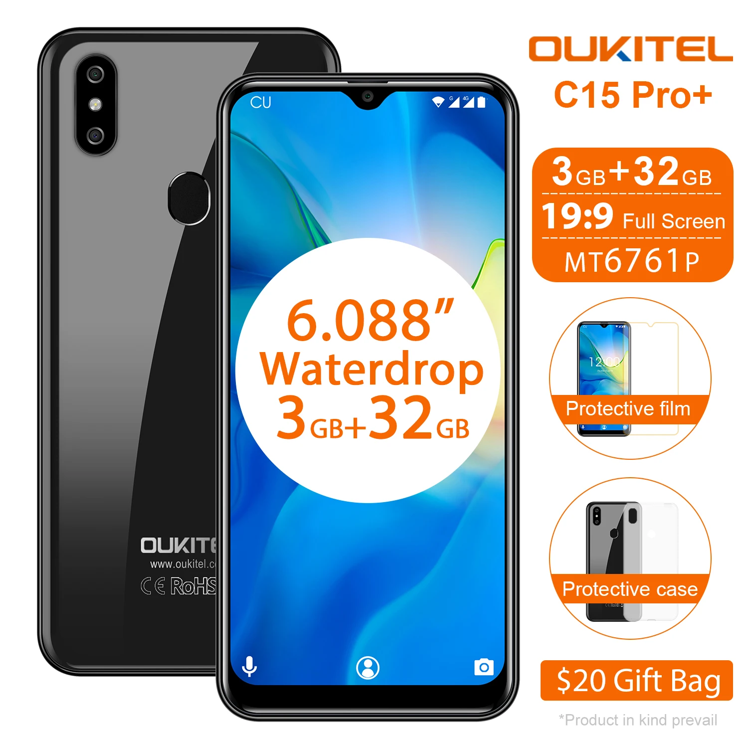 OUKITEL C15 Pro+ 6,088 ''4G смартфон 3GB 32GB MT6761 экран капли воды 2,4G/5G WiFi мобильный телефон C15 Pro+ отпечаток пальца лица ID