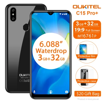 Перейти на Алиэкспресс и купить Смартфон OUKITEL C15 Pro + 6,088 дюйма, 4G, 3 ГБ, 32 ГБ, MT6761, экран с водой, 2,4G/5g, Wi-Fi, мобильный телефон C15 Pro + сканер отпечатка пальца, распознавание лица