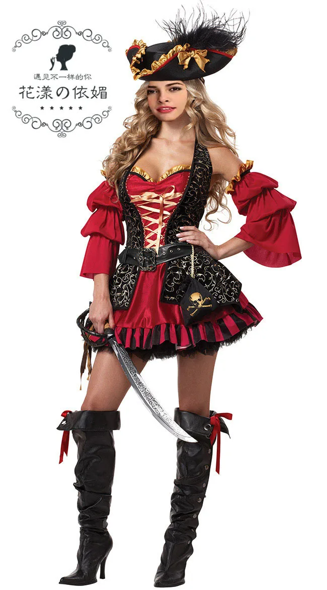 New Classic Halloween Christmas Cosplay Game Women Pirates Witch Costumes Exotic Dress+Hat