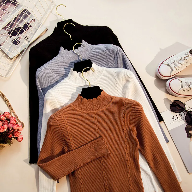 2019 Korean Fashion Thick Women Sweaters and Pullovers Sueter Mujer Ruffled Sleeve Turtleneck Solid Slim Sexy Elastic Women Tops