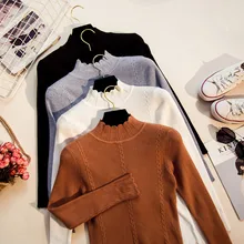 2019 Korean Fashion Thick Women Sweaters and Pullovers Sueter Mujer Ruffled Sleeve Turtleneck Solid Slim Sexy Elastic Women Tops