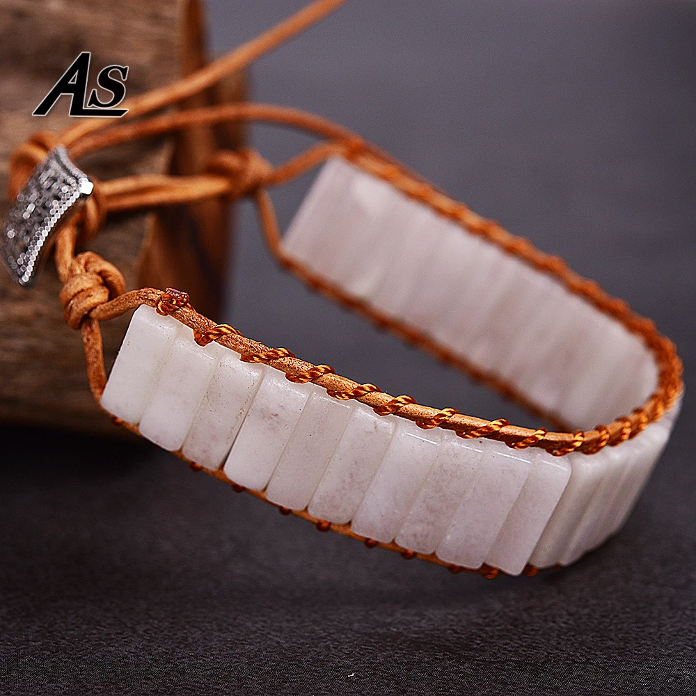 

Asingeloo Vintage Natural Stone Beads Leather Rope Wrap Tube Jewelry Cuff Bracelet Bohemia Bangle Thread Handmade