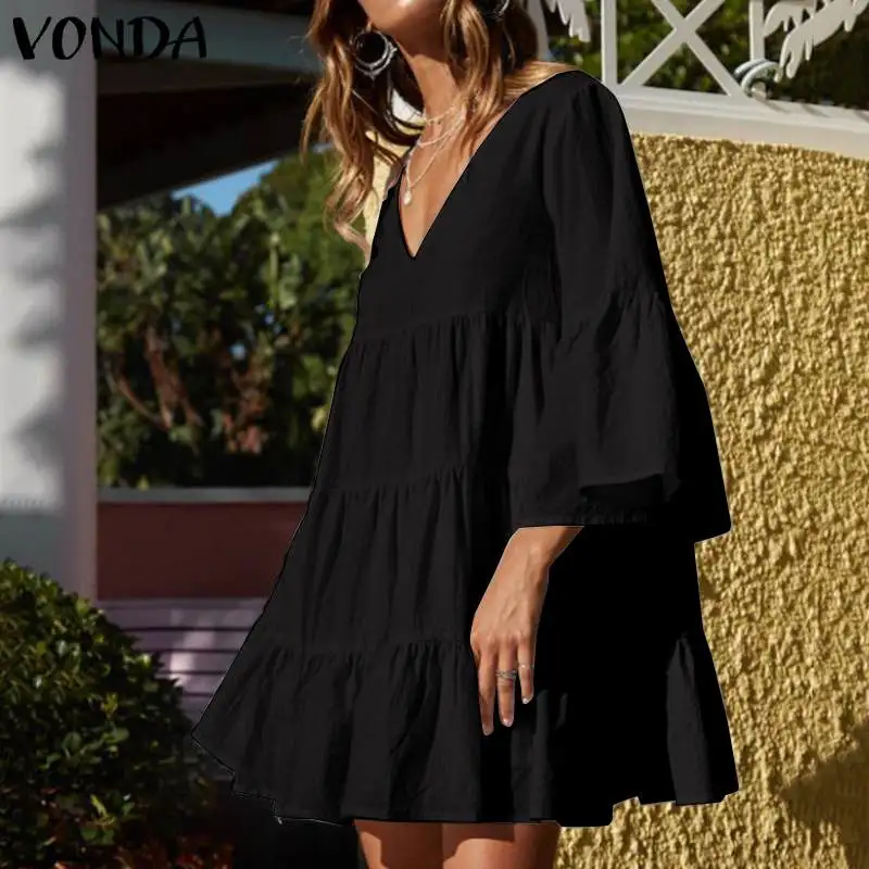 2019 VONDA женские оборками платье Винтаж бархатное платье Vestido в богемном стиле, большого размера роковой Пляжное платье плиссированные