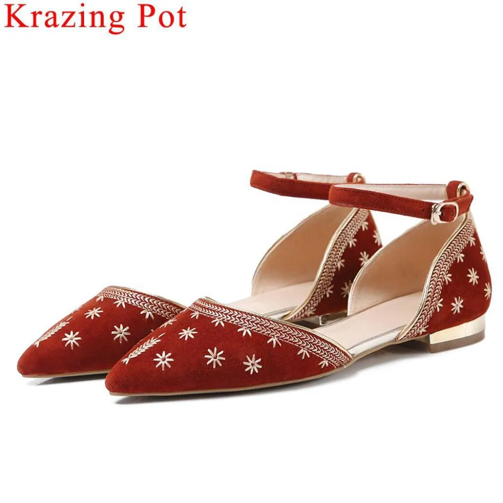 

Krazing Pot new arrival natural leather buckle strap pointed toe Hollywood movie stars simple style comfortable hollow flats L37