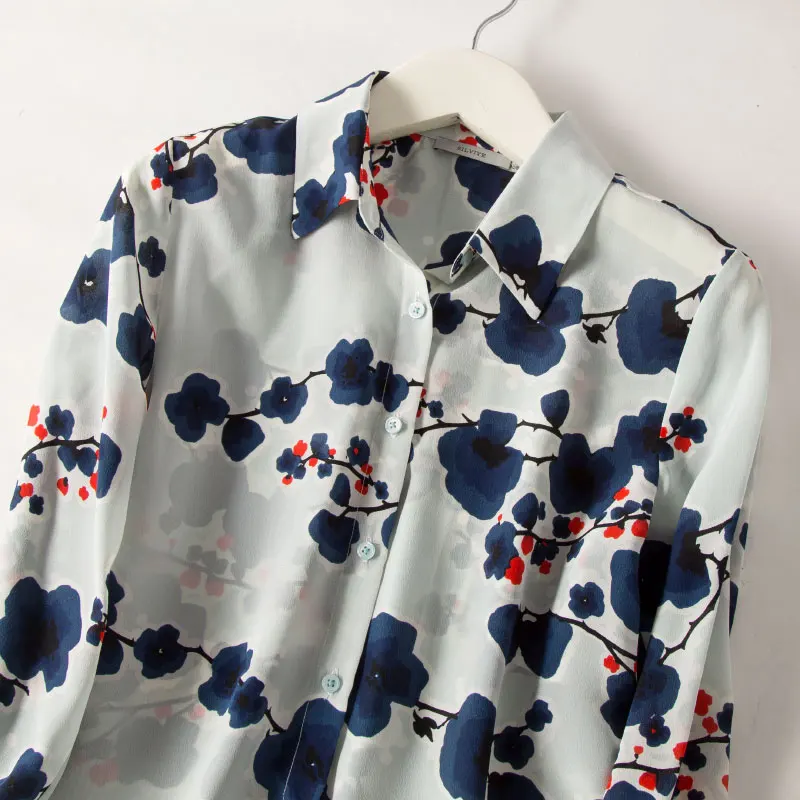 Женская шелковая блуза из натурального шелка, креповая, винтажная, с цветочным принтом, с длинным рукавом, на пуговицах, блузка, рубашка, Blusas femininas,, Весенняя рубашка