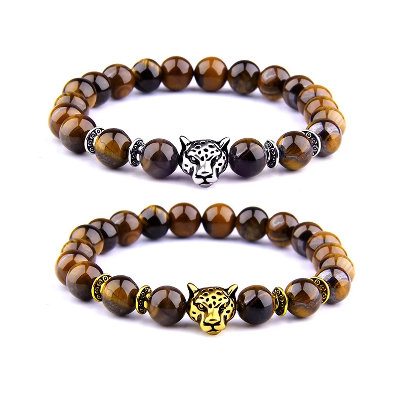 Fashion couples bracelet Gold Silver Leopard Head charm Bracelet Natural Yellow Tiger Eye Beads Bracelets for Men Women | Украшения и