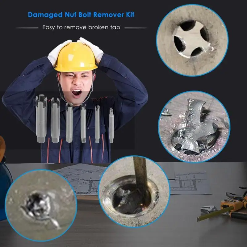 6pcs Damaged Nut Bolt Remover Kit Stud Extractor Bolt Screw Remover Steel Broken Head Taps Remover