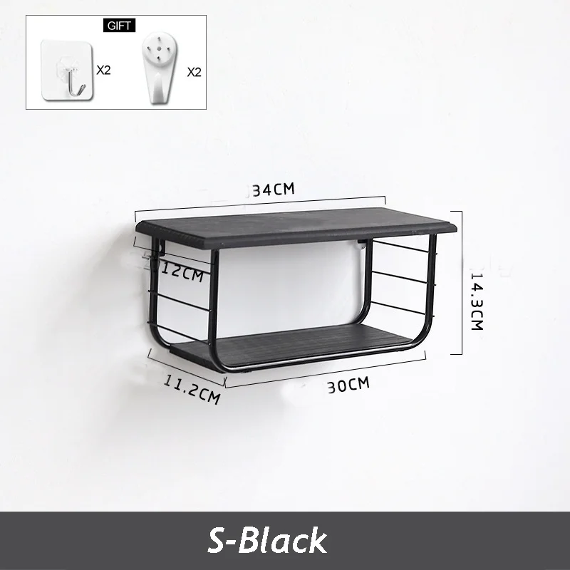 Настенная плавающая металлическая полка 2 уровня современная вешалка для спальни гостиной органайзер для хранения украшение дом деревянные держатели - Цвет: Black S