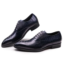 Crocodile Grain pointed toe black dark blue mens dress shoes wedding shoes genuine leather oxfords shoes