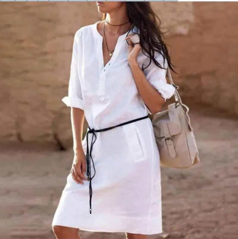 

Women's Summer Cotton Linen Long Sleeve V-neck Ladies Casual Loose Short Dress Holidays Vacation Casual Solid Dress With Belt