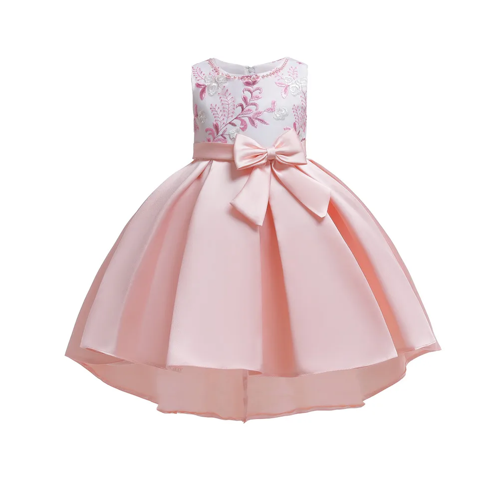 Новое платье с цветочным узором для девочек Дети бисер цветок вышивка сатиновый лиф Свадебные платье в деловом стиле для вечеринки Одежда Bebe Vestido - Цвет: pink