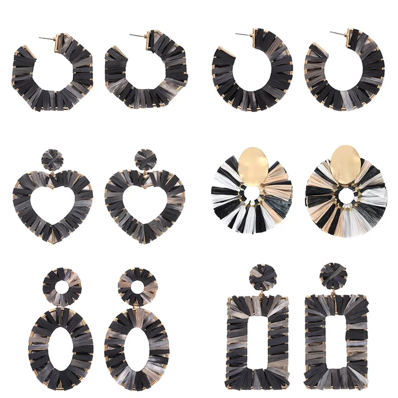 

Bohemia Ethnic Handmade Geometric Raffia Drop Earring For Women Girl Black Color Statement Dangle Earring Gift Wedding