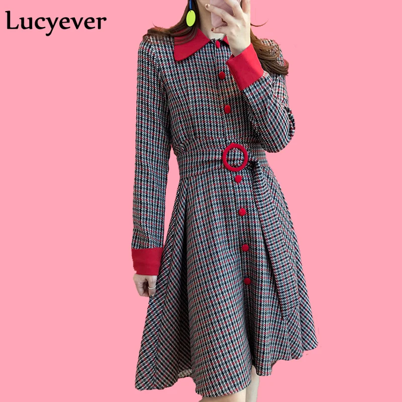 

Lucyever Spring autumn women midi dress high waist long sleeve print plaid belt tunic office ladies dresses elegant button dress