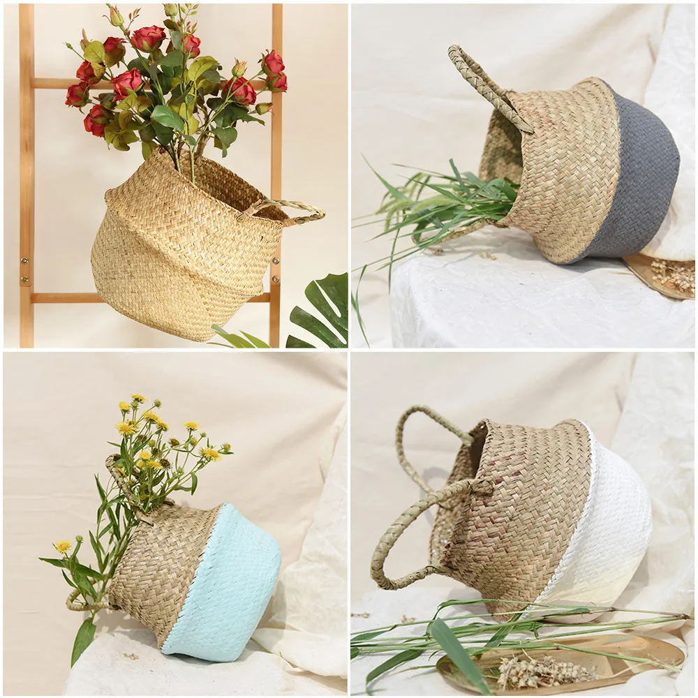 Foldable Woven Rattan Flower Basket/Storage Seagrass Belly Basket Decoration DIY 